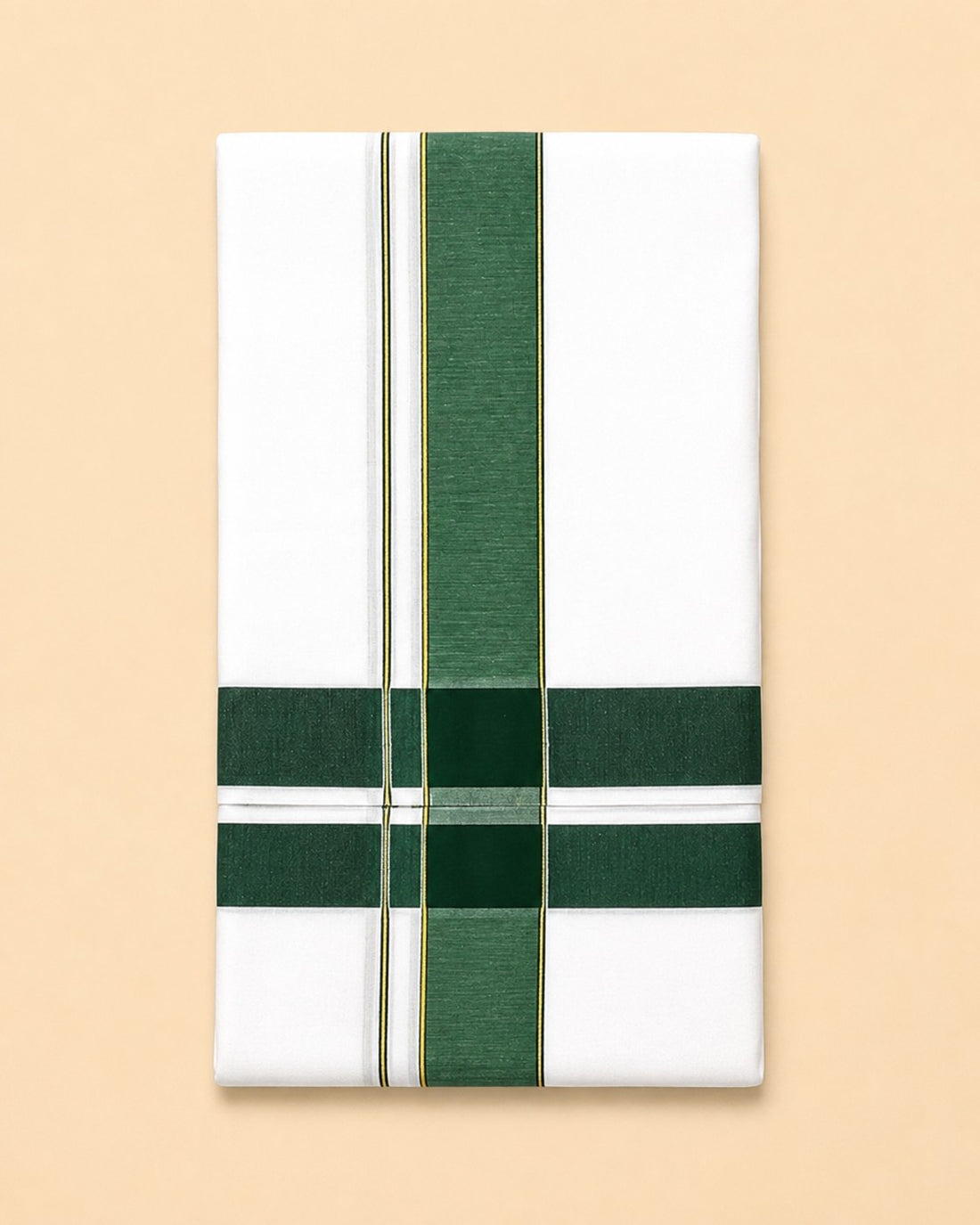 Men's Traditional Cotton Panchakacham 10×6 Dhoti & Angavastram Set – White with Dark Green Cotton Border | 4.5 m
