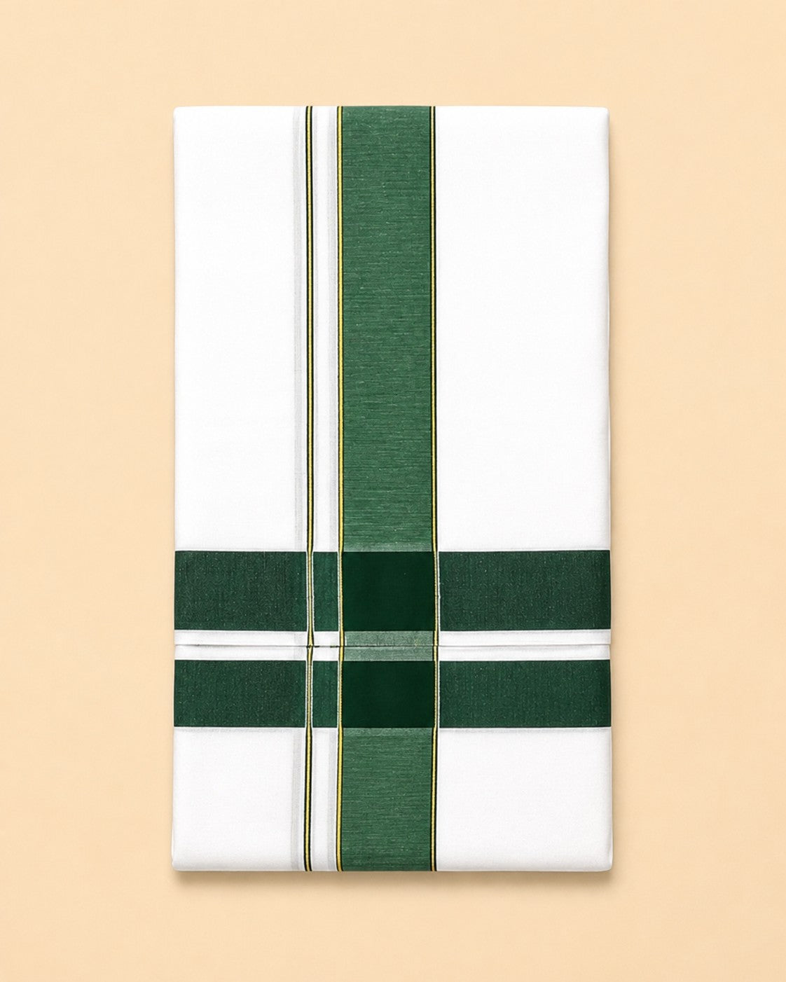 Ambika Stores white cotton-blend Panchakacham dhoti and angavastram set featuring a traditional green border.