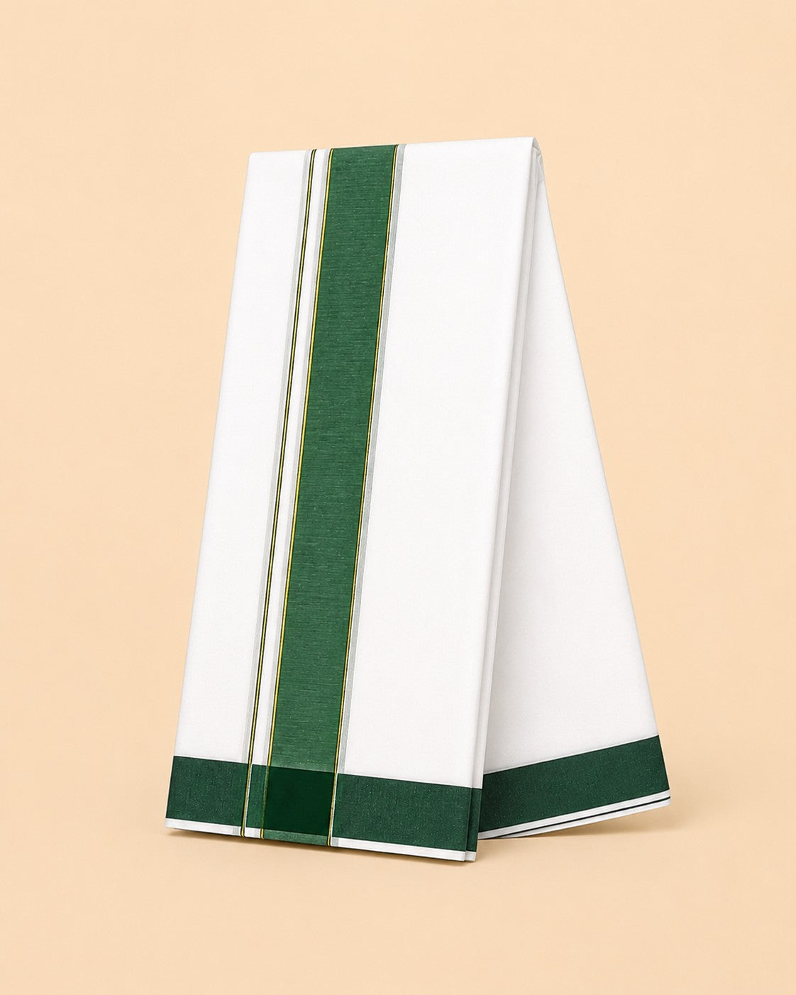 Ambika Stores white cotton-blend panchakacham dhoti and angavastram set featuring a traditional green border.