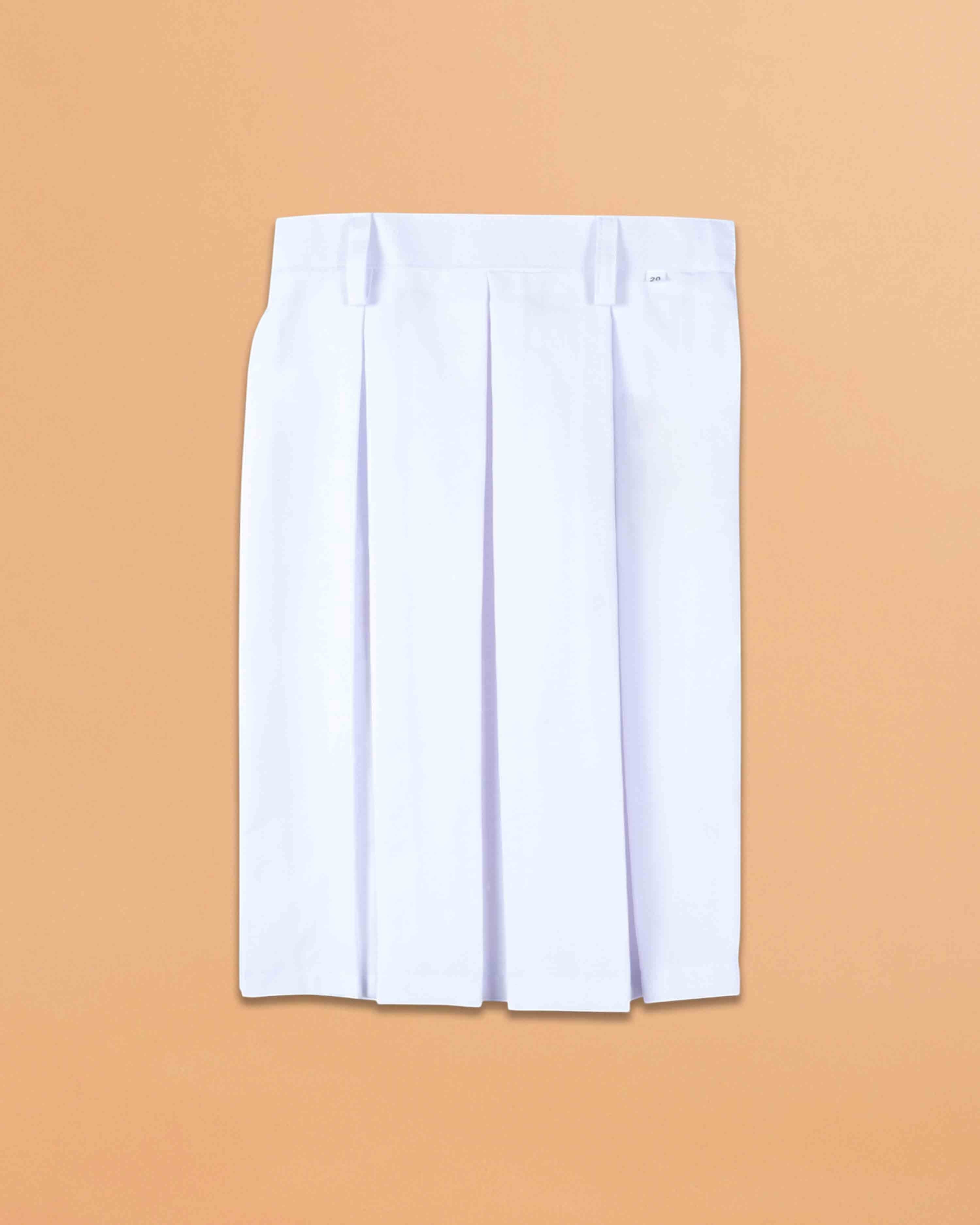 Ambika Stores white girls school uniform skirt in durable terrycot fabric with a one-side pleated design.