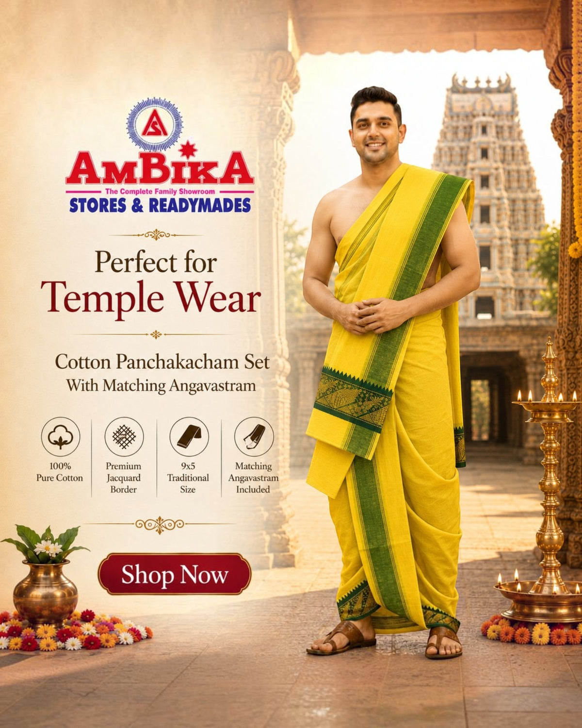 Ambika Stores lemon yellow cotton panjakacham dhoti and angavastram set with green border worn by a man at a temple