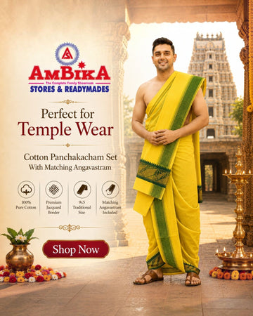 Ambika Stores lemon yellow cotton panjakacham dhoti and angavastram set with green border worn by a man at a temple
