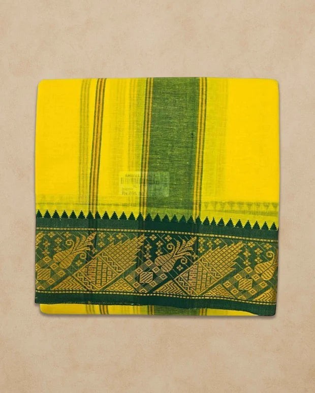 Ambika Stores lemon yellow cotton panjakacham dhoti with green and gold traditional temple border and matching towel
