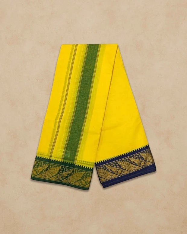 Ambika Stores lemon yellow cotton panjakacham dhoti set with green and navy blue traditional border patterns