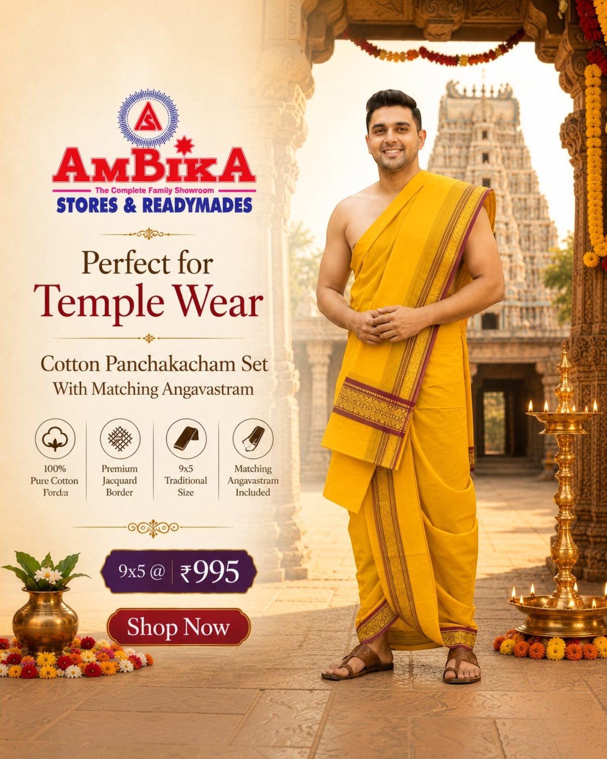 Ambika Stores mango yellow cotton panjakacham dhoti and angavastram set worn by a man in front of a temple.