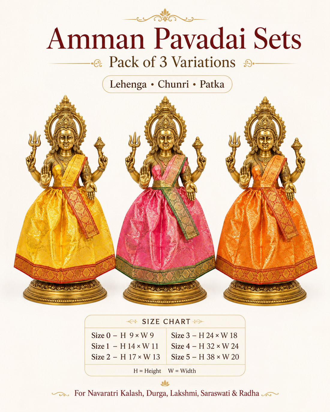 Amman Pavadai sets with lehenga, chunri and patka for Navaratri Kalash, Durga, Lakshmi, Saraswati and Radha. Packs