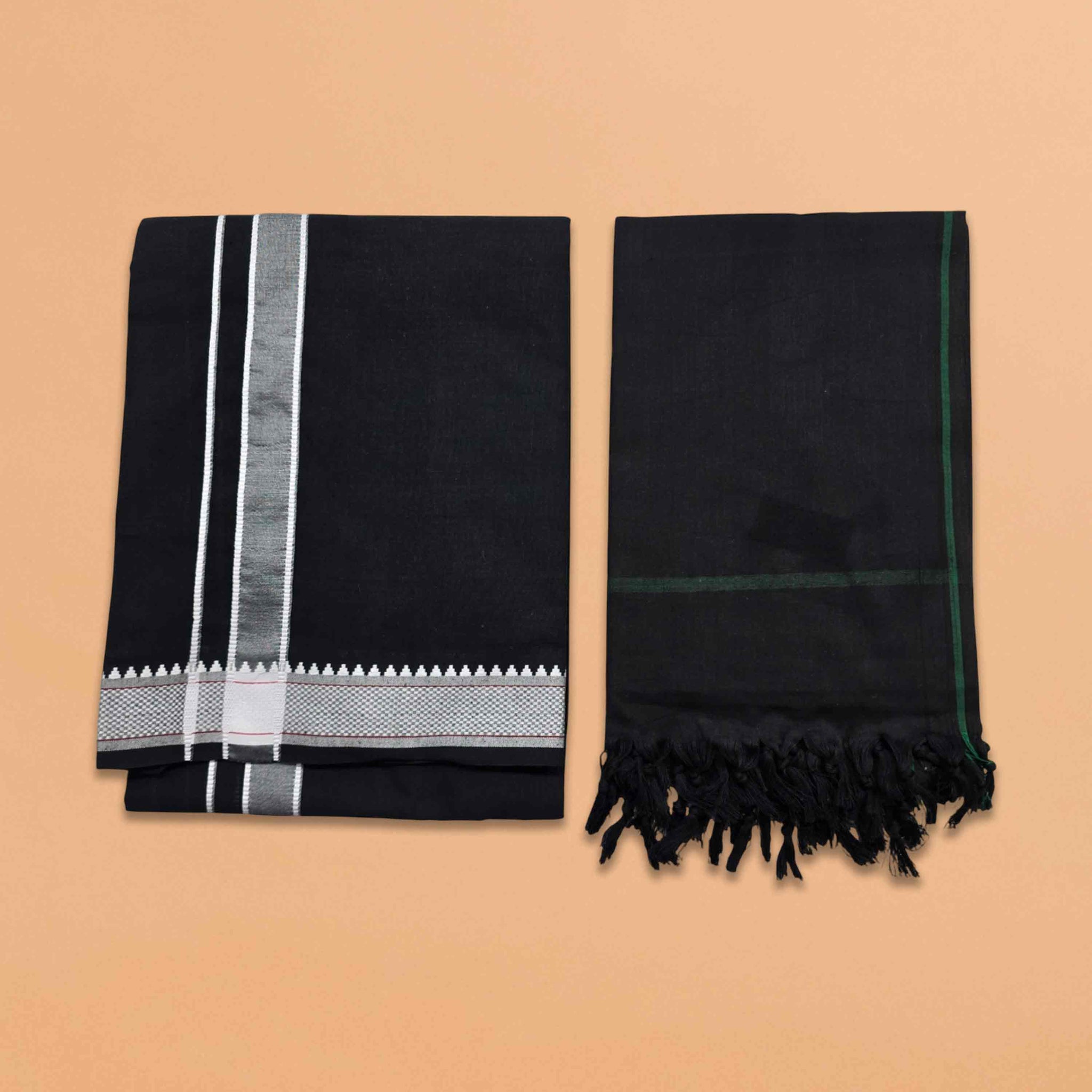 Mens Colour Dhoti with Matching Towel | Color Single Dhoti + Matching Towel | Swamy Veshti Dhoti & Towel Set | Kerala Sabarimala Ayyappa Dhoties - Black