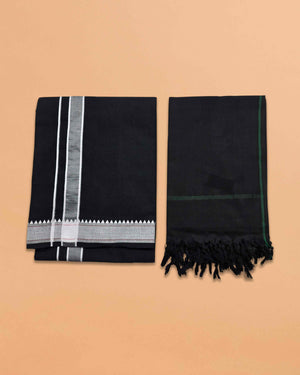 Mens Colour Dhoti with Matching Towel | Color Single Dhoti + Matching Towel | Swamy Veshti Dhoti & Towel Set | Kerala Sabarimala Ayyappa Dhoties - Black