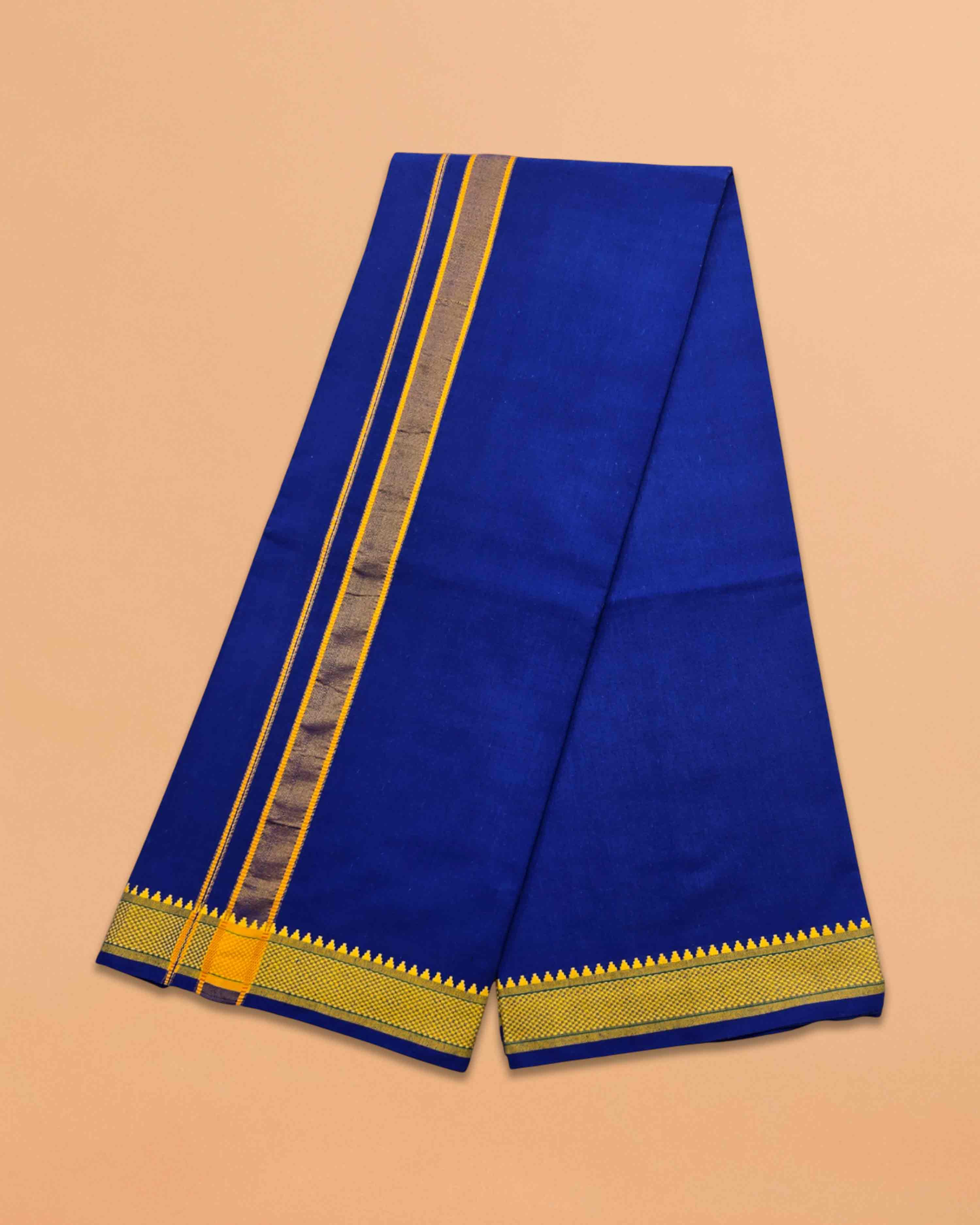 Mens Colour Dhoti with Matching Towel | Color Single Dhoti + Matching Towel | Swamy Veshti Dhoti & Towel Set | Kerala Sabarimala Ayyappa Dhoties - Blue