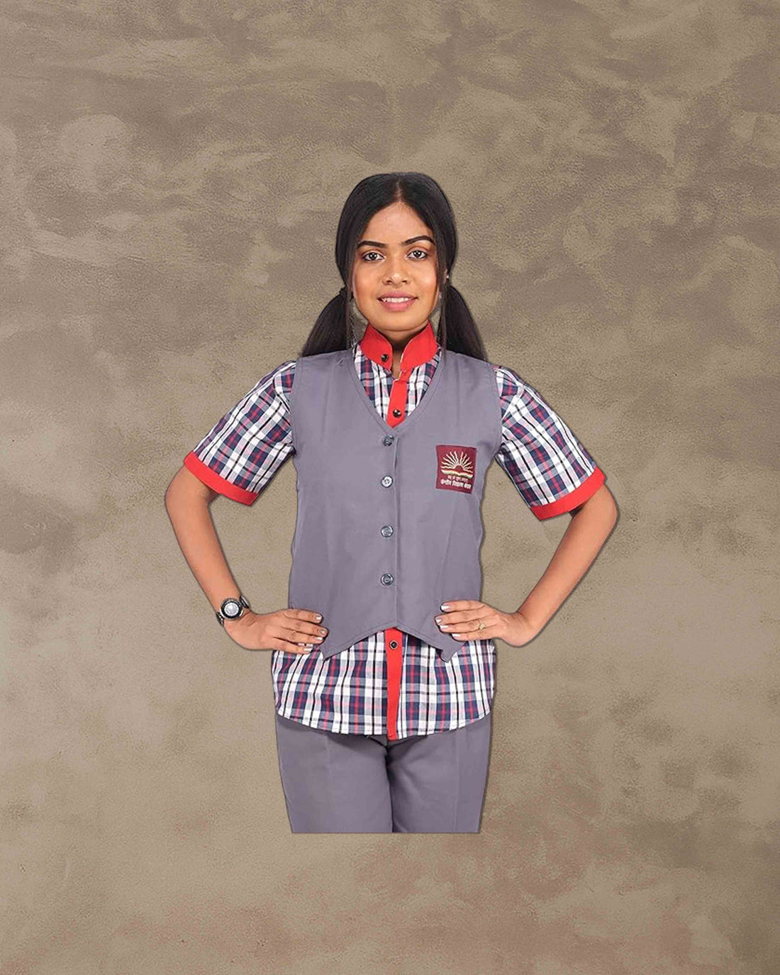 Kendriya Vidhyalaya Full Girls School Uniform Kamiz, Chudidhar with Waistcoat, Readymade Stitched, Regular Fit, Std IX to XII