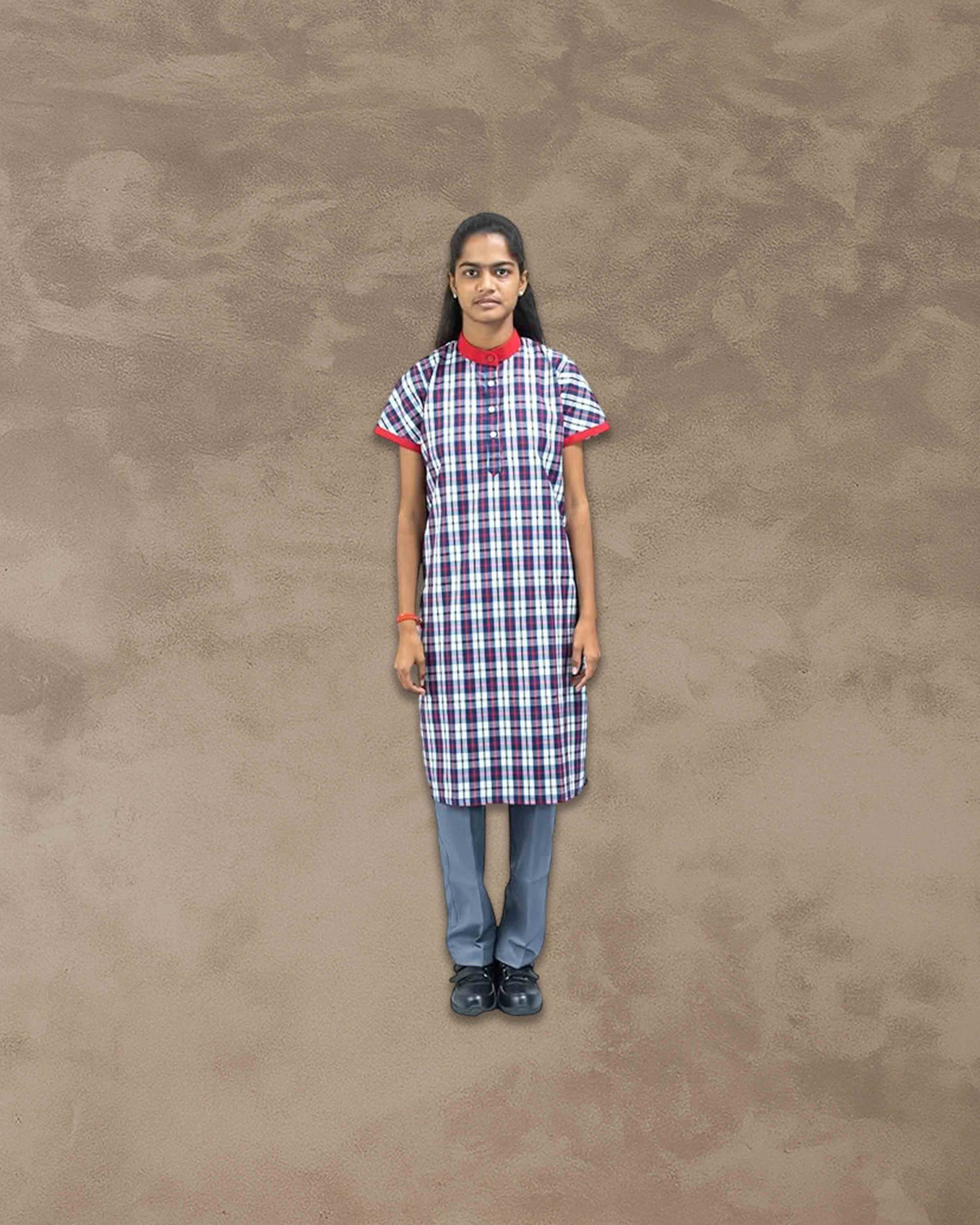 Kendriya Vidyalaya School Uniform, Kurta with Grey Waistcoat, Plaid Pattern, Red Trim, Short Sleeves