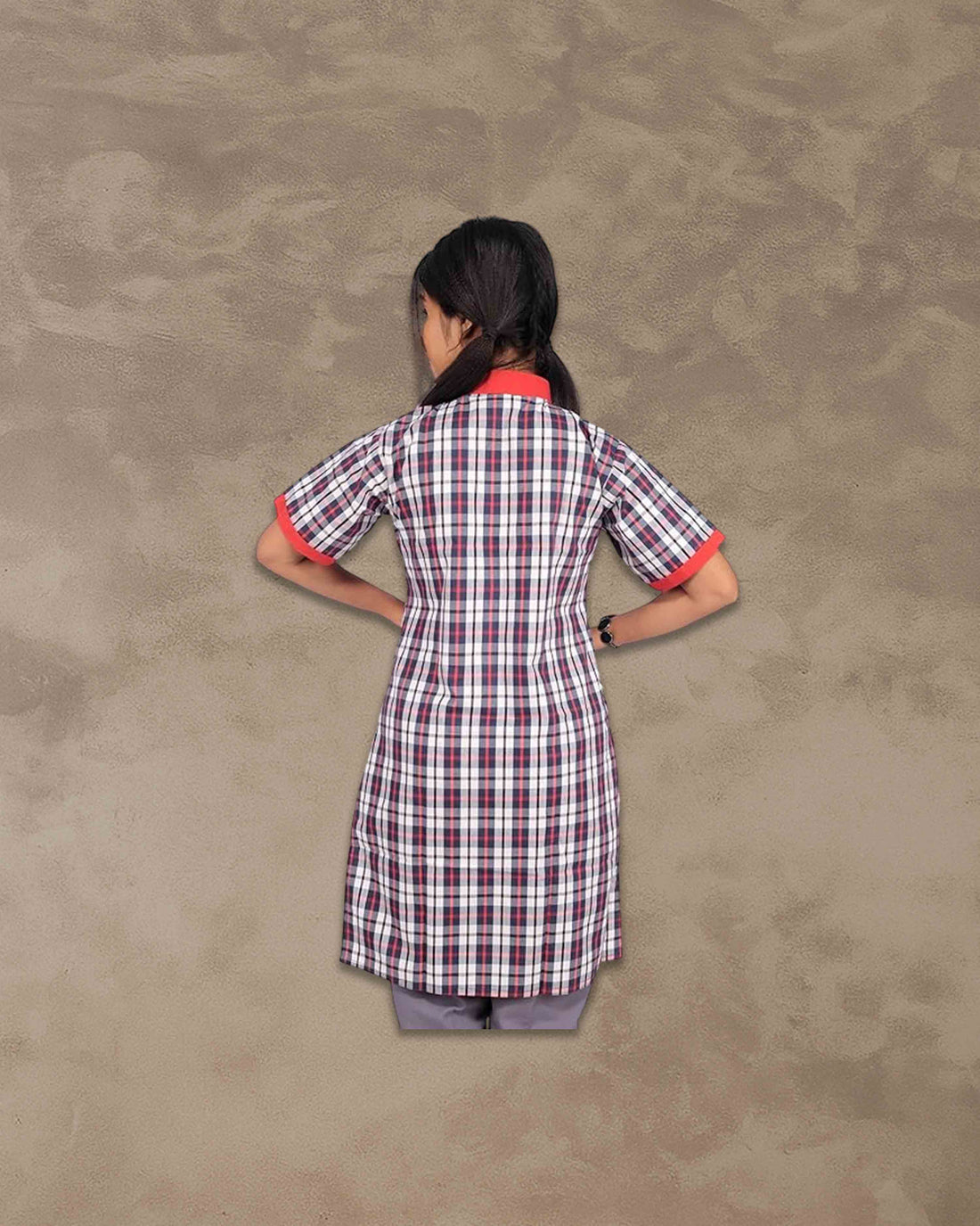 Kendriya Vidyalaya School Uniform, Kurta with Grey Waistcoat, Plaid Pattern, Red Trim, Short Sleeves