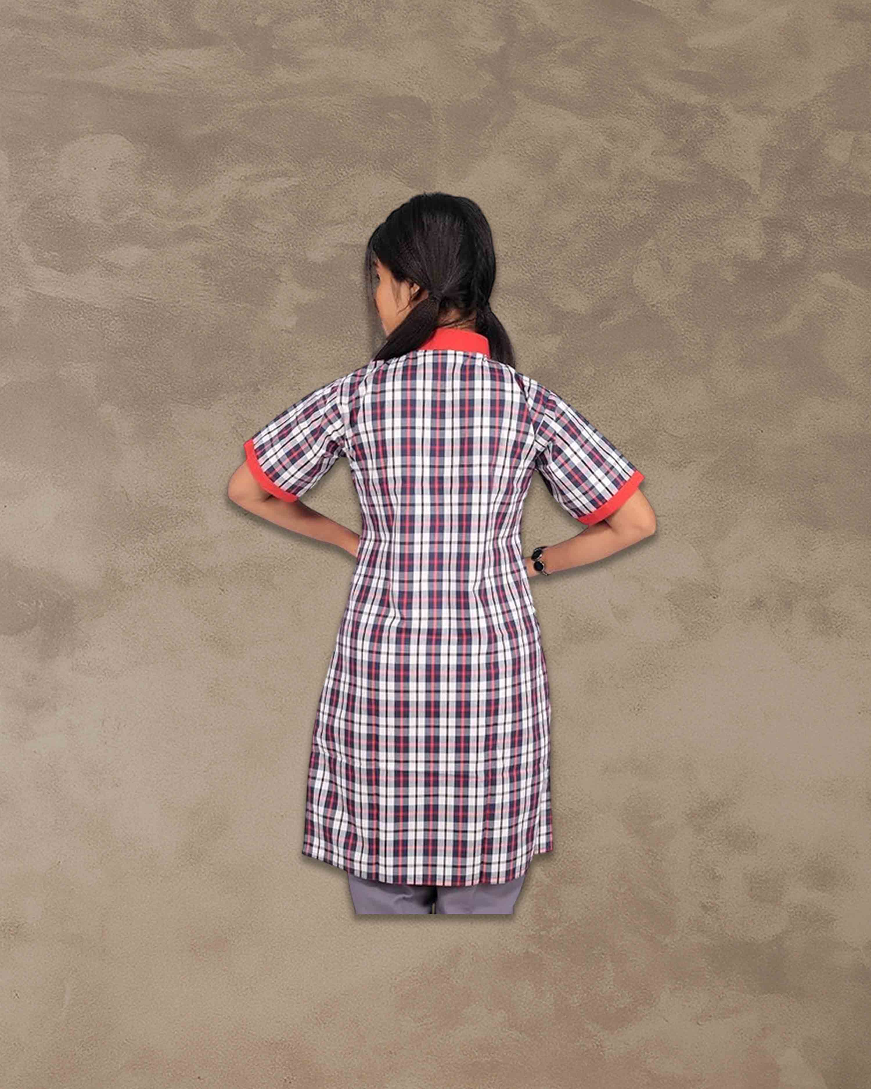 Kendriya Vidyalaya School Uniform, Kurta with Grey Waistcoat, Plaid Pattern, Red Trim, Short Sleeves