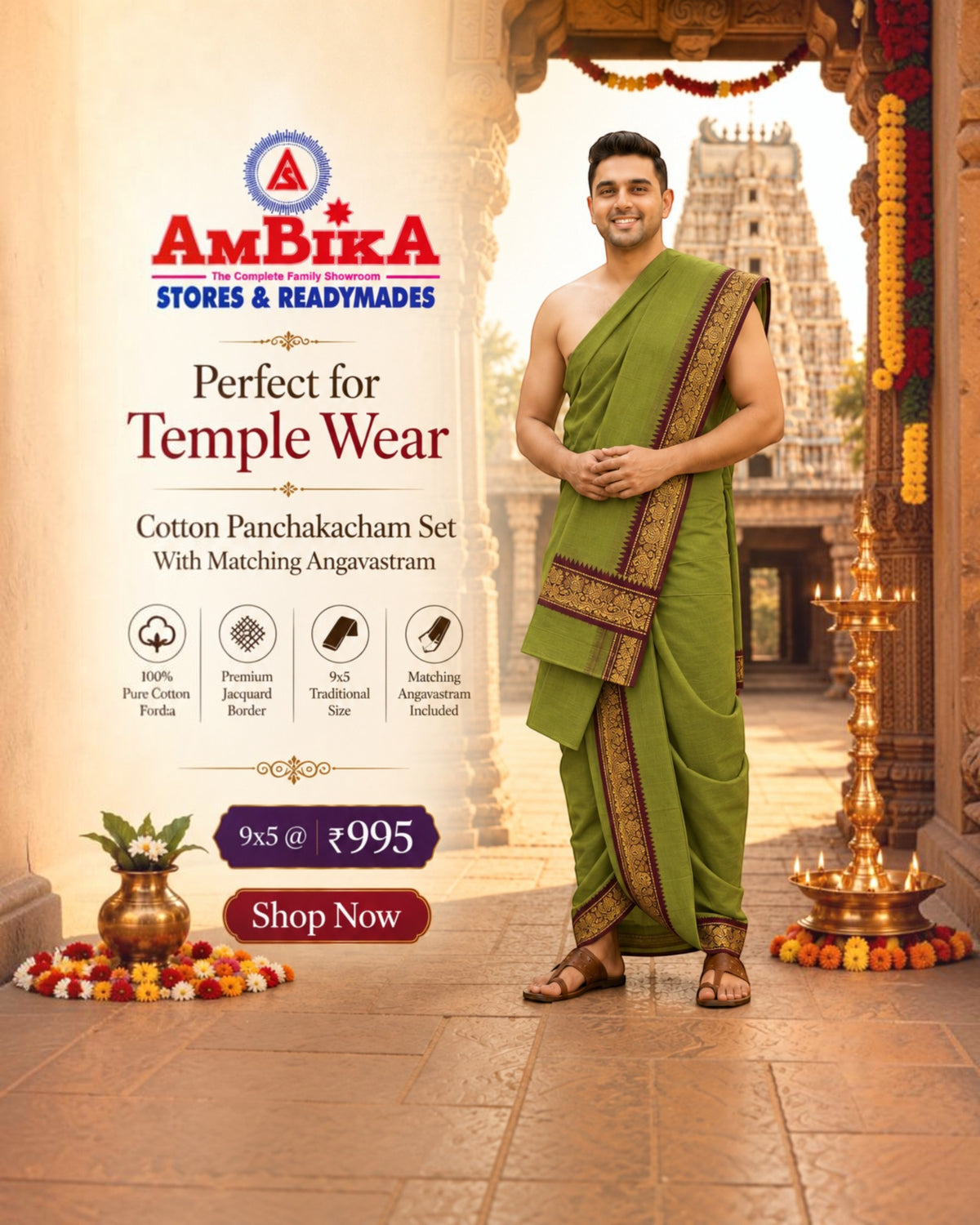 Men wearing Chutney Green cotton Panchakacham dhoti with matching angavastram for temple wear