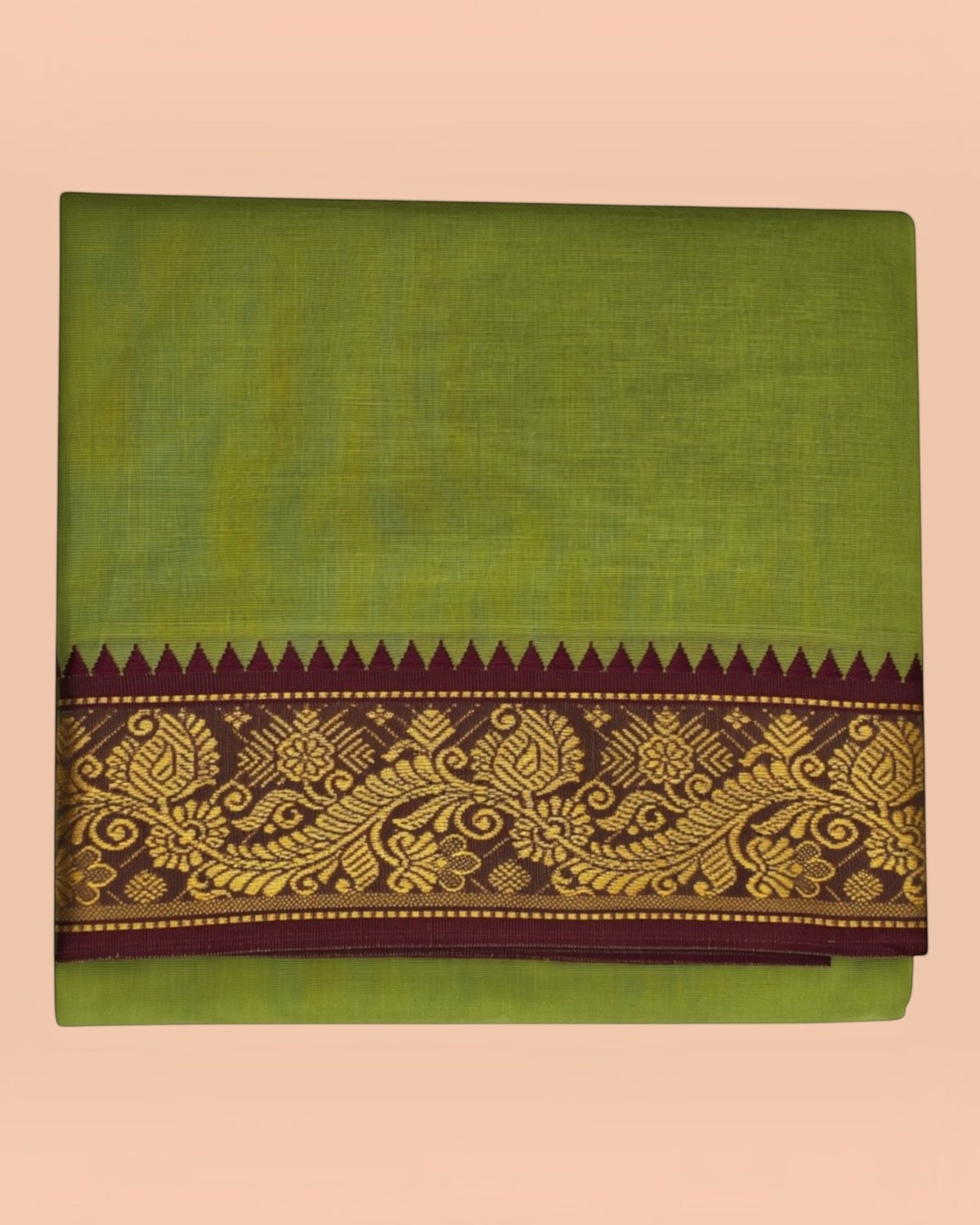 Chutney Green cotton Panchakacham fancy maroon and gold jacquard border close-up