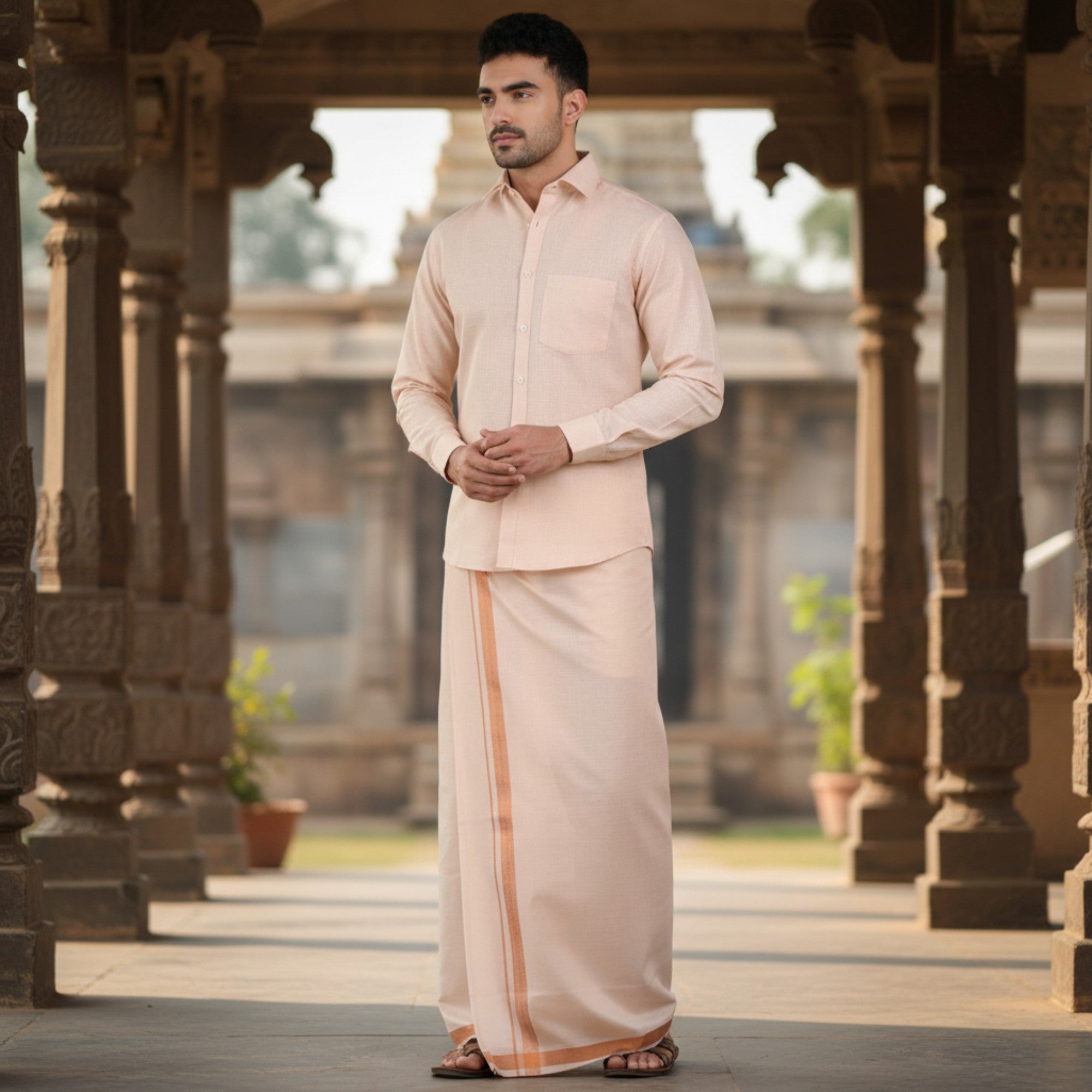 Combo of Shirt and Dhoti | Traditional Wedding Set for Men Full sleeve - Copper