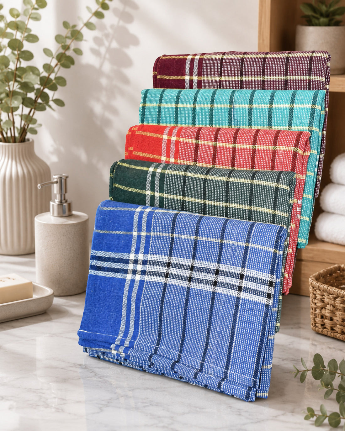 Twin-thread (Eralai)pure cotton bath towels in a pack of 5. Large 30 x 60-inch multicolour checked towels for men