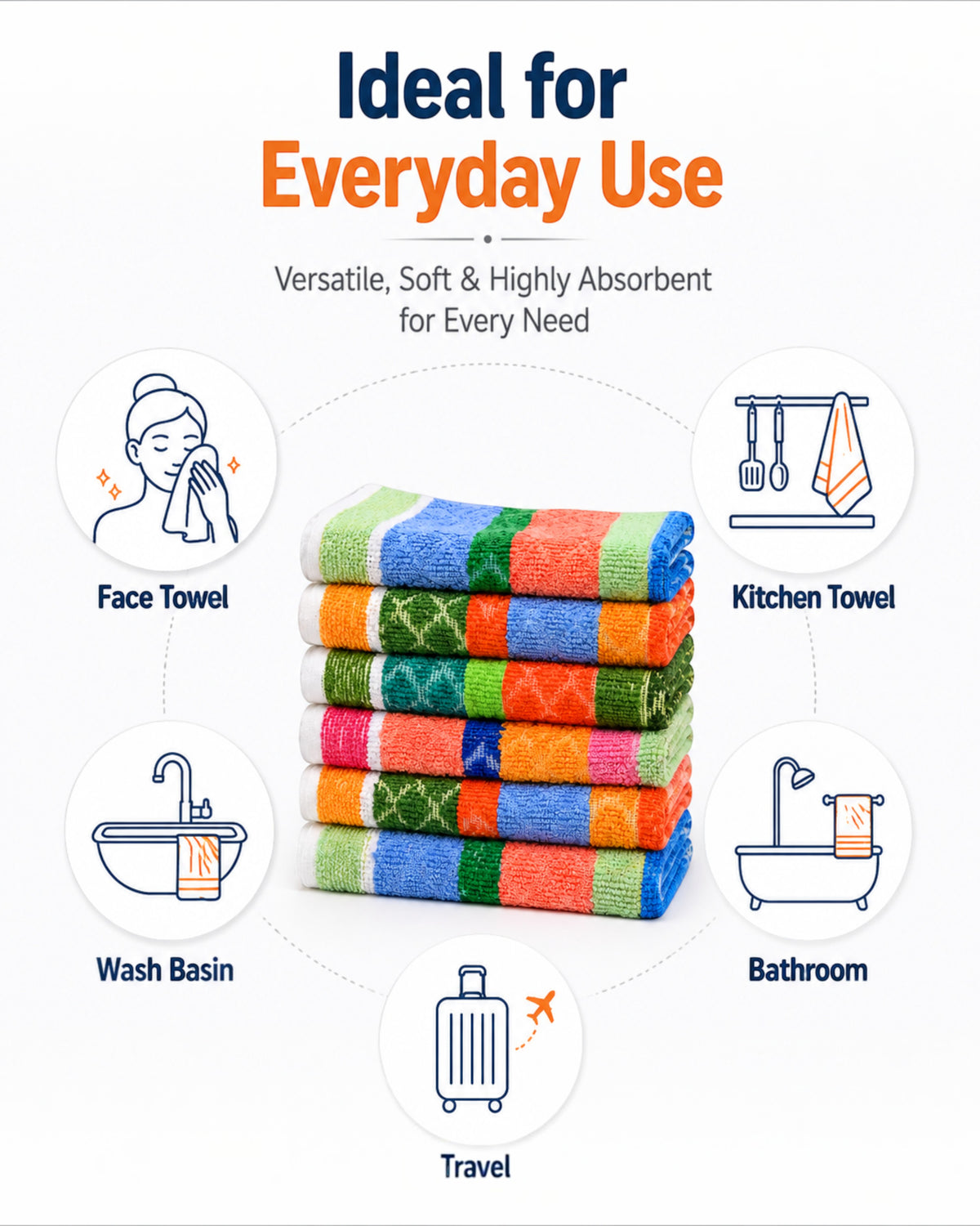 Cotton Multicolour Striped Hand Towels, Soft Highly Absorbent Quick-Dry Face and Kitchen Napkins, 9×9, 11×17 or