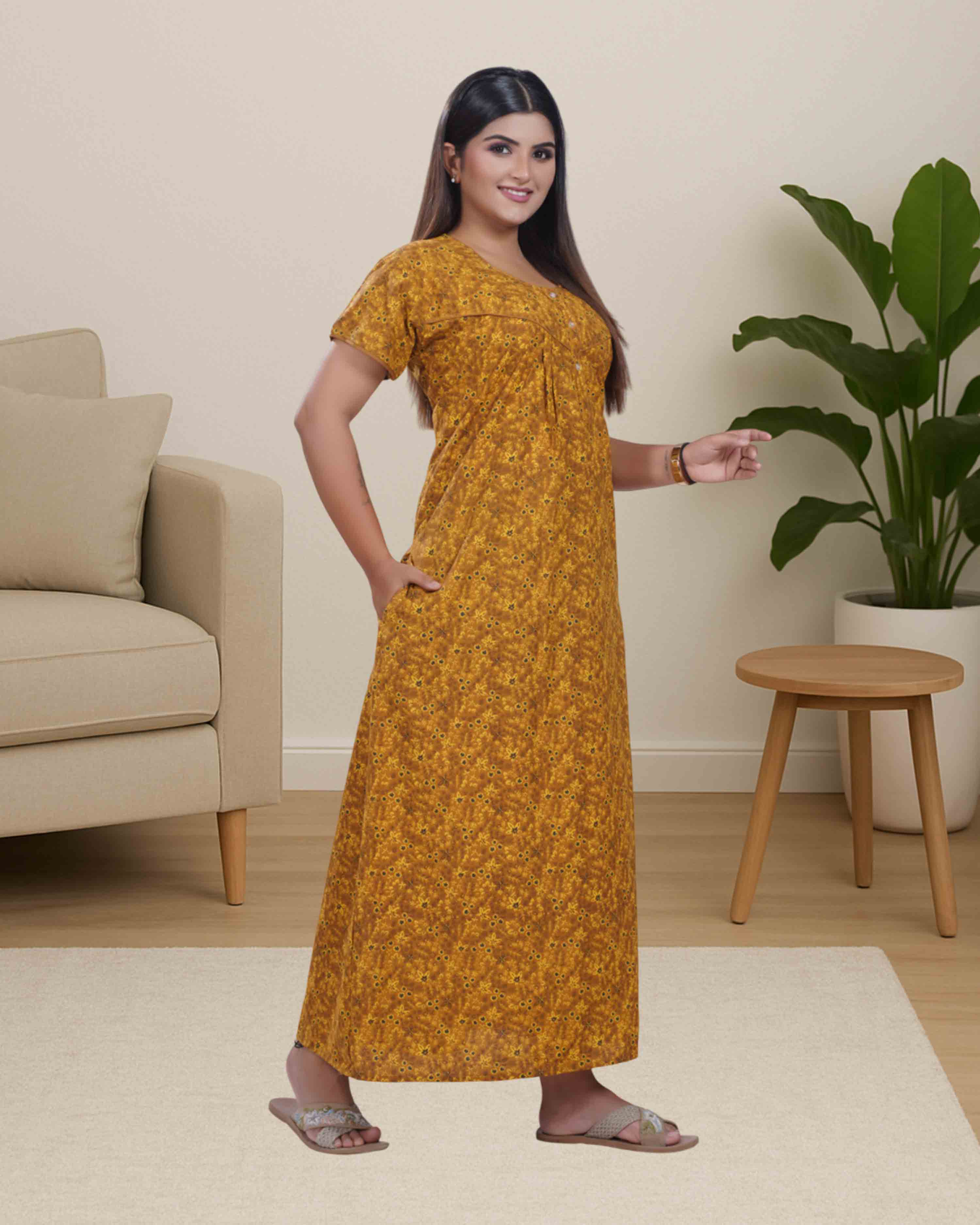 Cotton nighty - musturd yellow