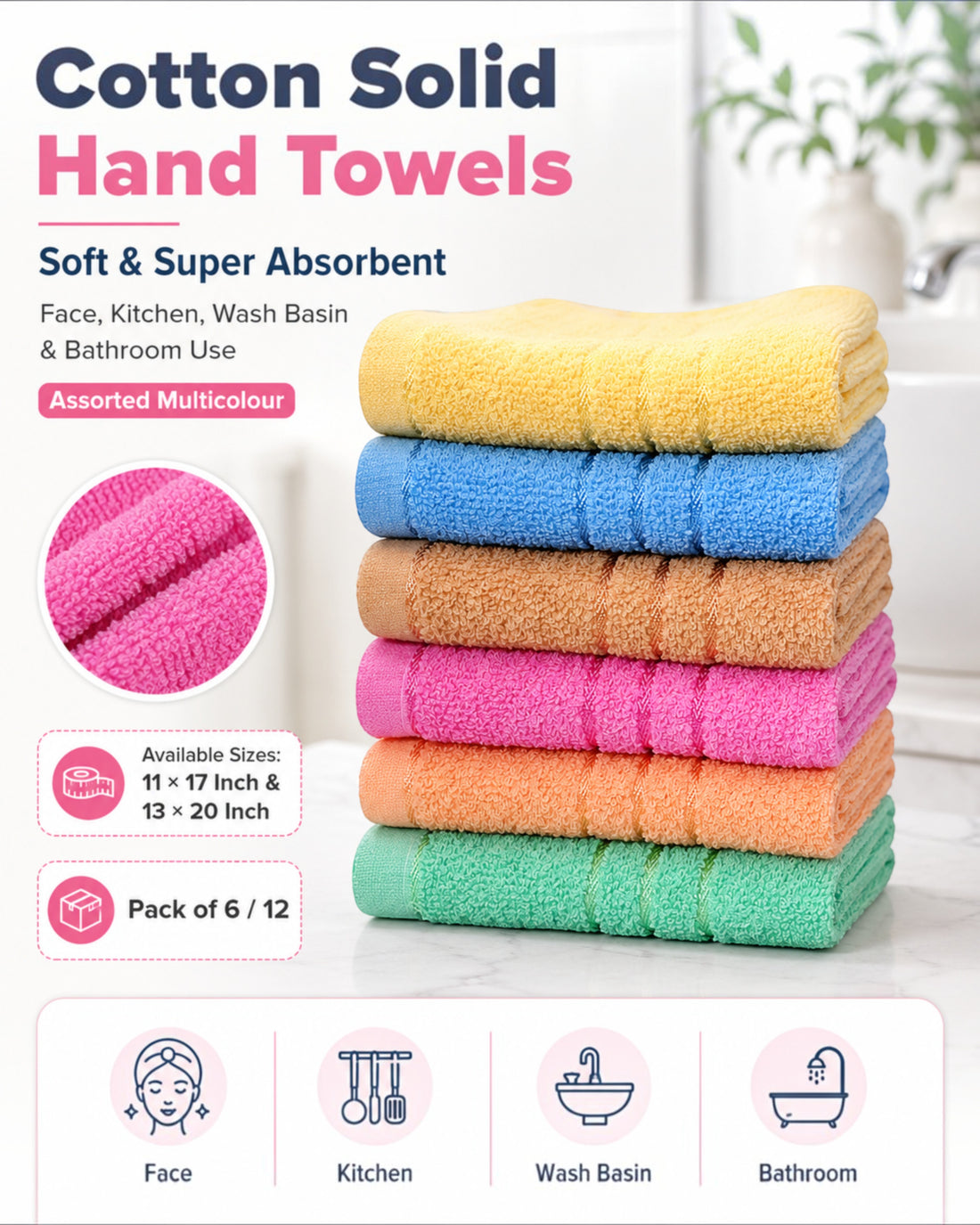 Cotton Solid Hand Towels, Soft & Super Absorbent Face, Kitchen, Wash Basin and Bathroom Napkins, Assorted