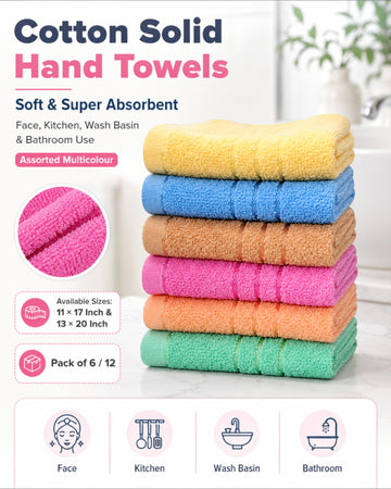 Cotton Solid Hand Towels, Soft & Super Absorbent Face, Kitchen, Wash Basin and Bathroom Napkins, Assorted