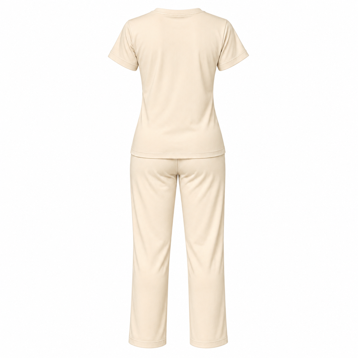 Cream women's 2-piece lounge set with short sleeve top and matching pants, back view
