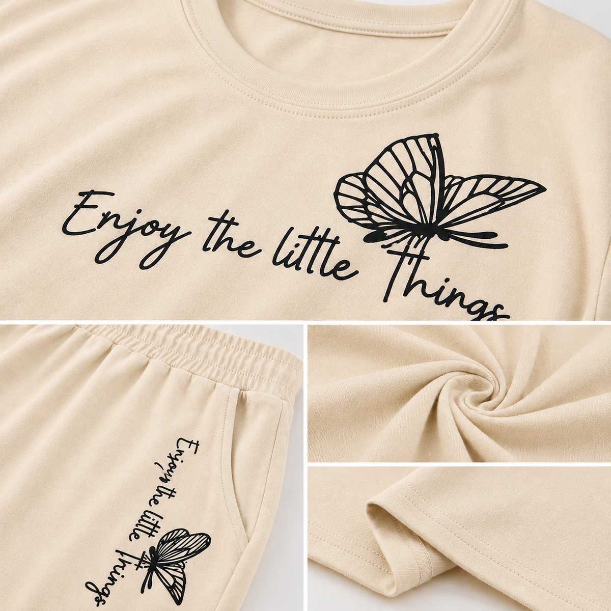 Close-up of cream women's lounge co-ord set showing butterfly print, soft fabric texture, waistband and stitching details