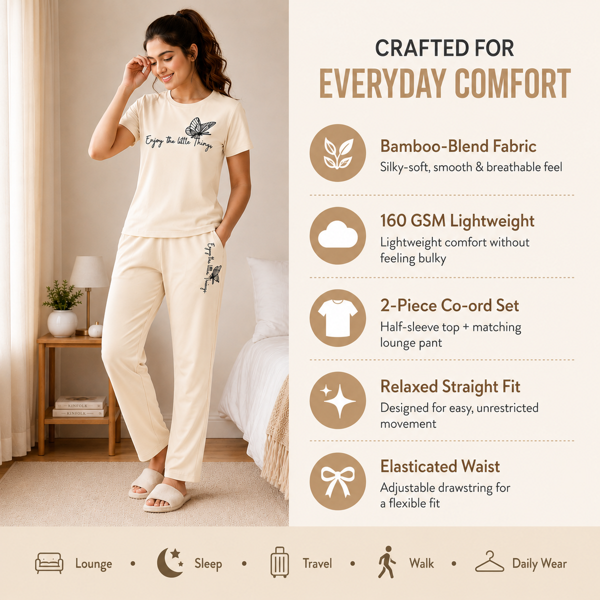Cream women's 2-piece lounge co-ord set featuring bamboo-blend fabric, lightweight 160 GSM, relaxed fit and elasticated waist