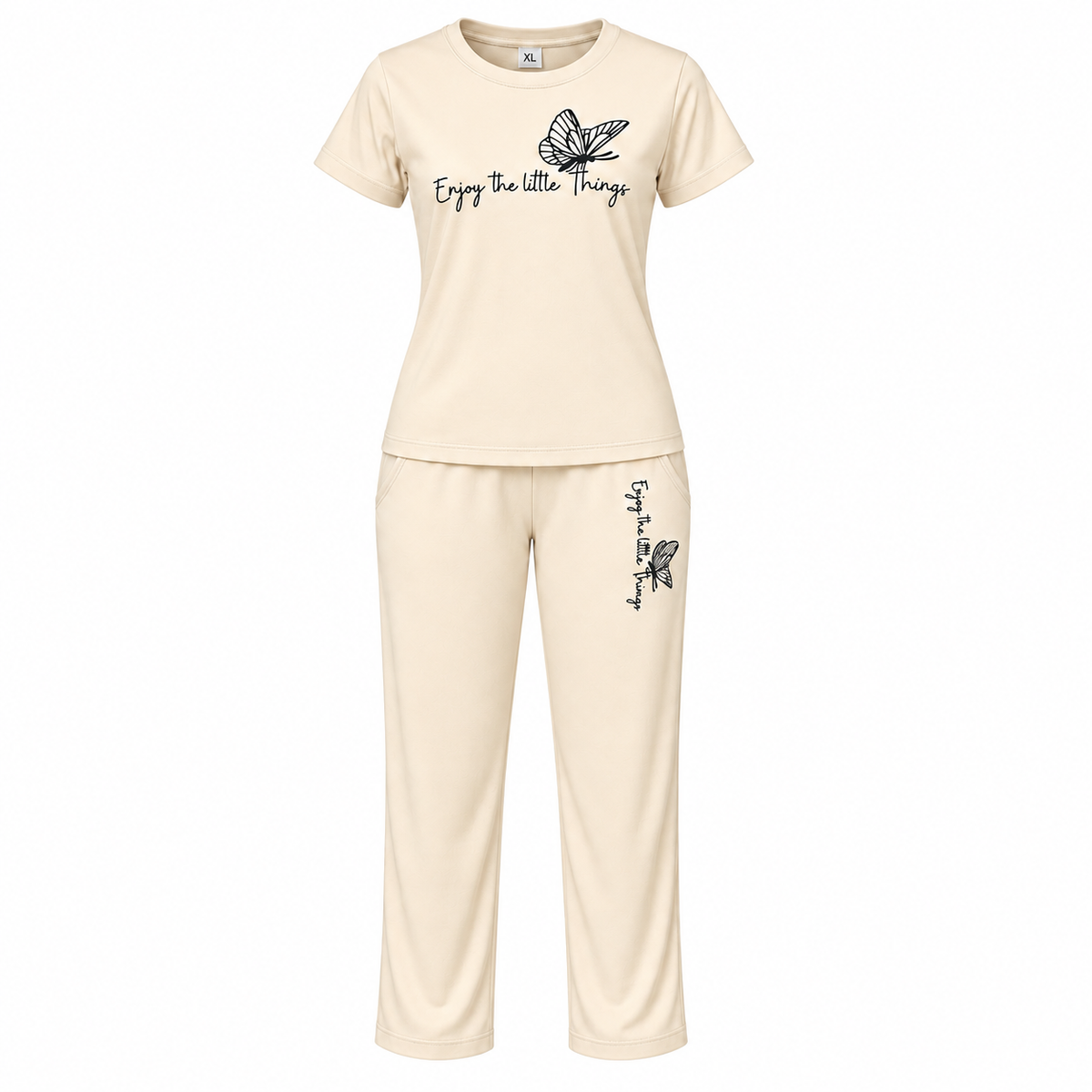 Cream women's lounge co-ord set with butterfly graphic T-shirt and matching straight-fit pants, front view