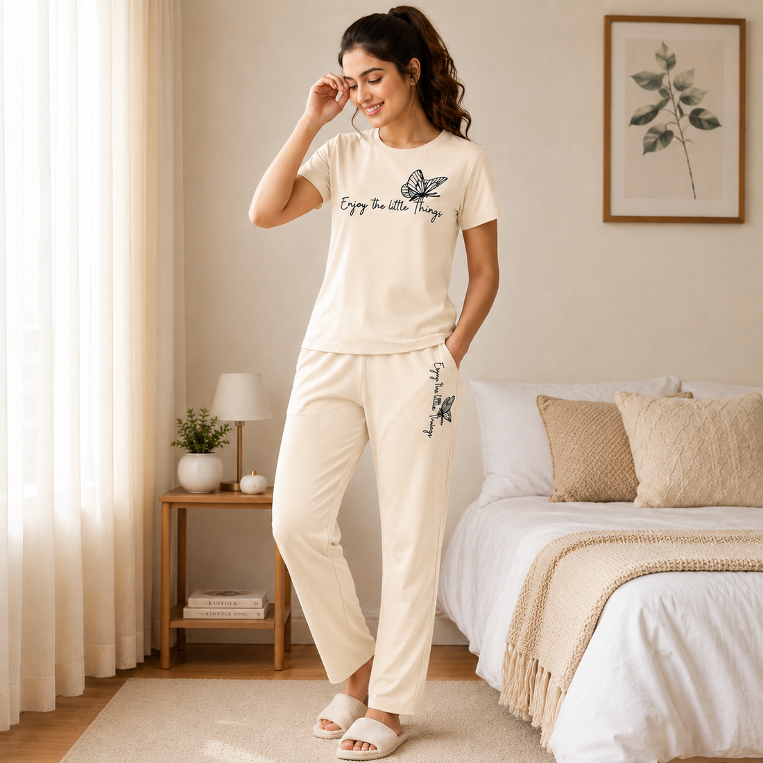 Woman wearing a cream 2-piece lounge co-ord set with butterfly graphic top and matching pants in a bedroom