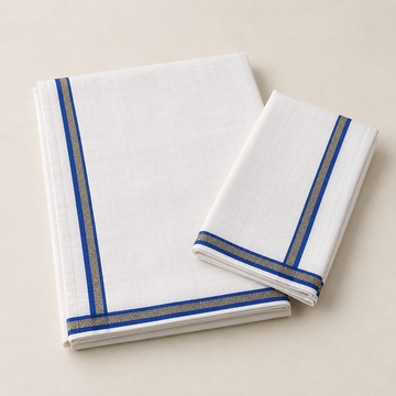 Demo white cotton dhoti and angavastram set with royal blue zari border