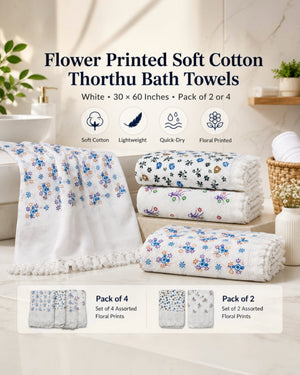 Flower Printed Soft Cotton Thorthu Bath Towels – White, 30 × 60 Inches, Pack of 2 or 4