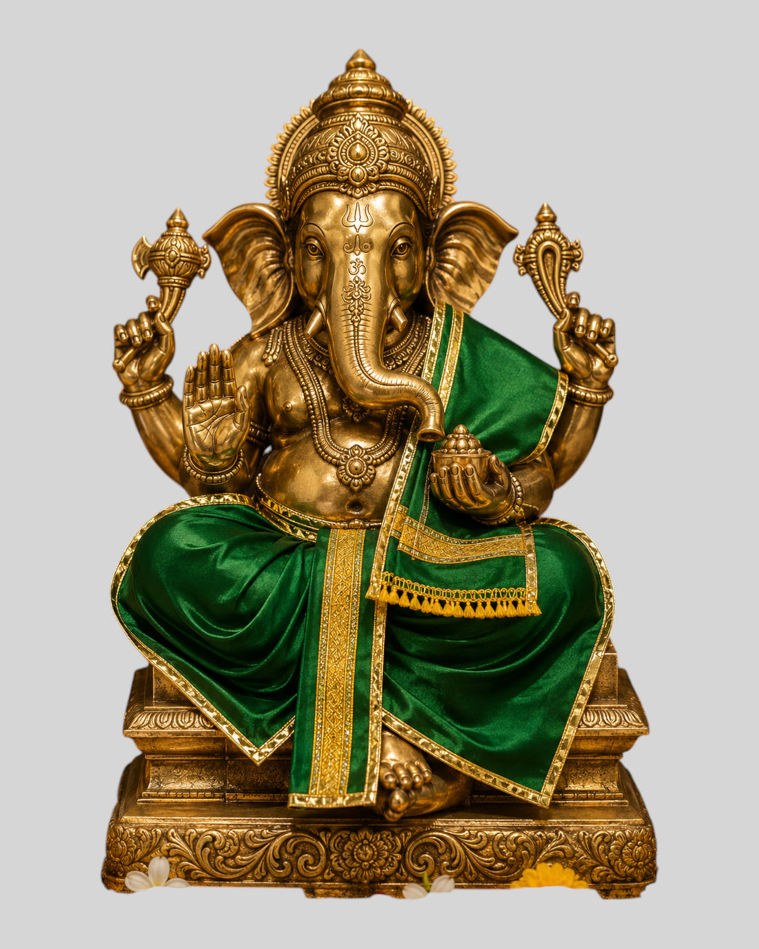 Ganesh Ji & Standing Krishna Idol Panchakacham Dhoti Towel Dress Set Green