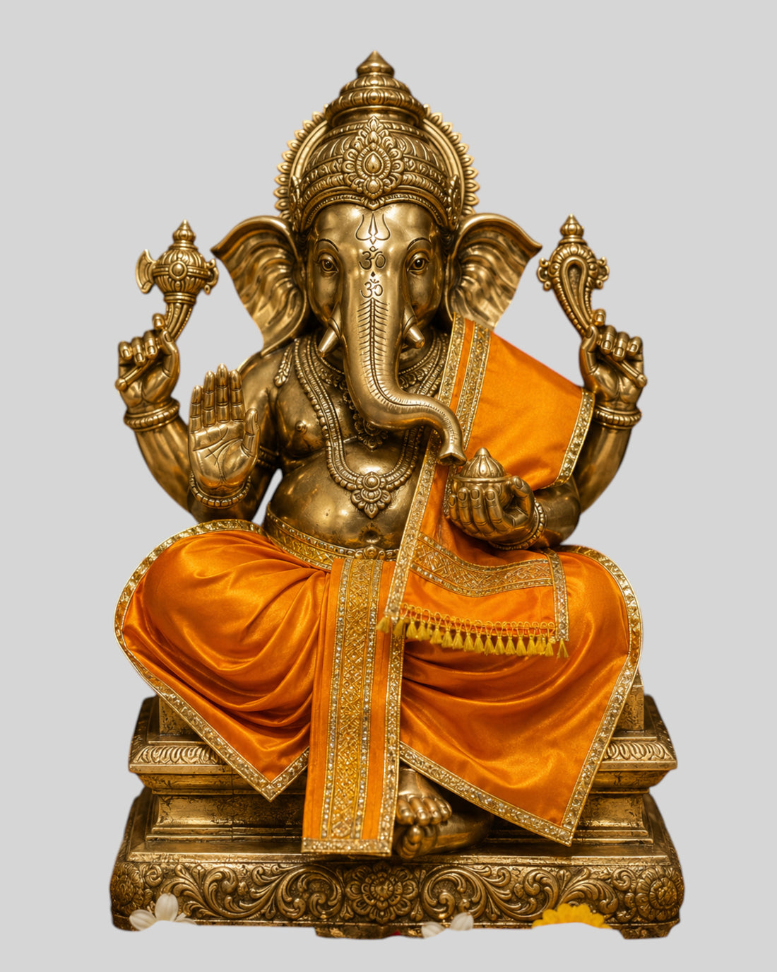 Ganesh Ji & Standing Krishna Idol Panchakacham Dhoti Towel Dress Set Orange