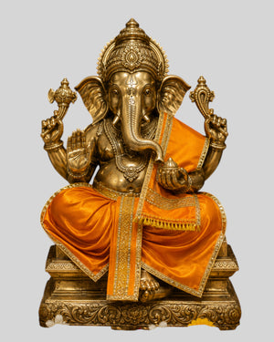 Ganesh Ji & Standing Krishna Idol Panchakacham Dhoti Towel Dress Set Orange