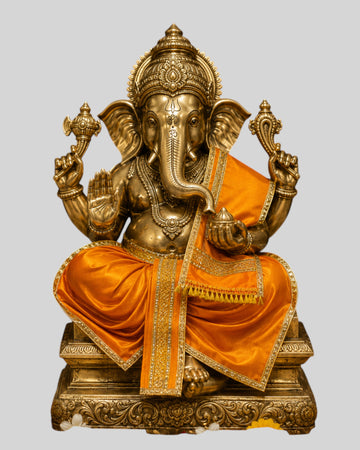 Ganesh Ji & Standing Krishna Idol Panchakacham Dhoti Towel Dress Set Orange
