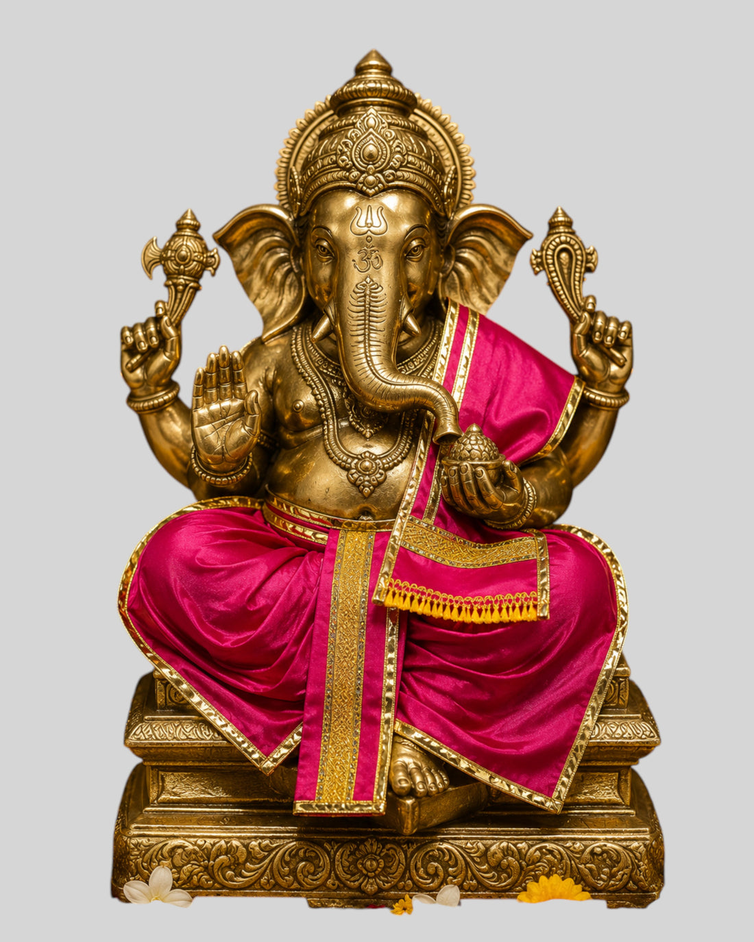 Ganesh Ji & Standing Krishna Idol Panchakacham Dhoti Towel Dress Set Rani Pink