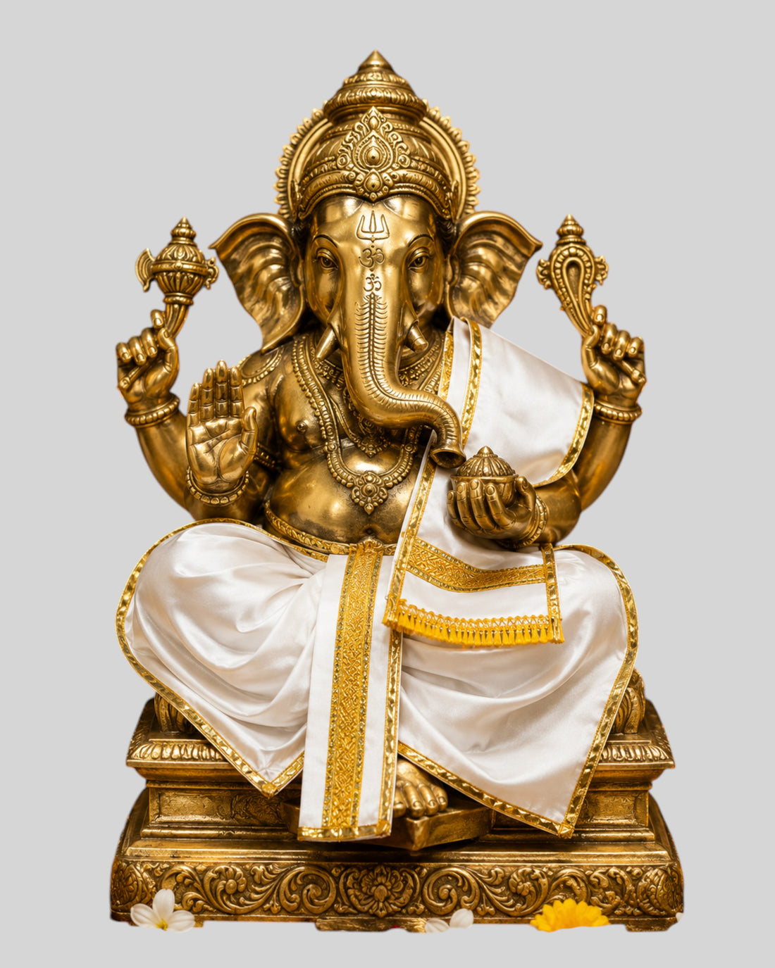 Ganesh Ji & Standing Krishna Idol Panchakacham Dhoti Towel Dress Set White
