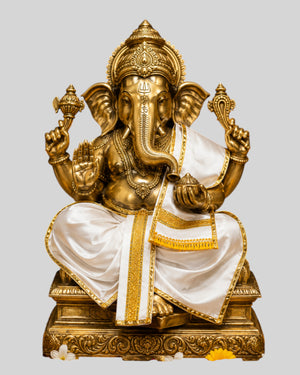 Ganesh Ji & Standing Krishna Idol Panchakacham Dhoti Towel Dress Set White