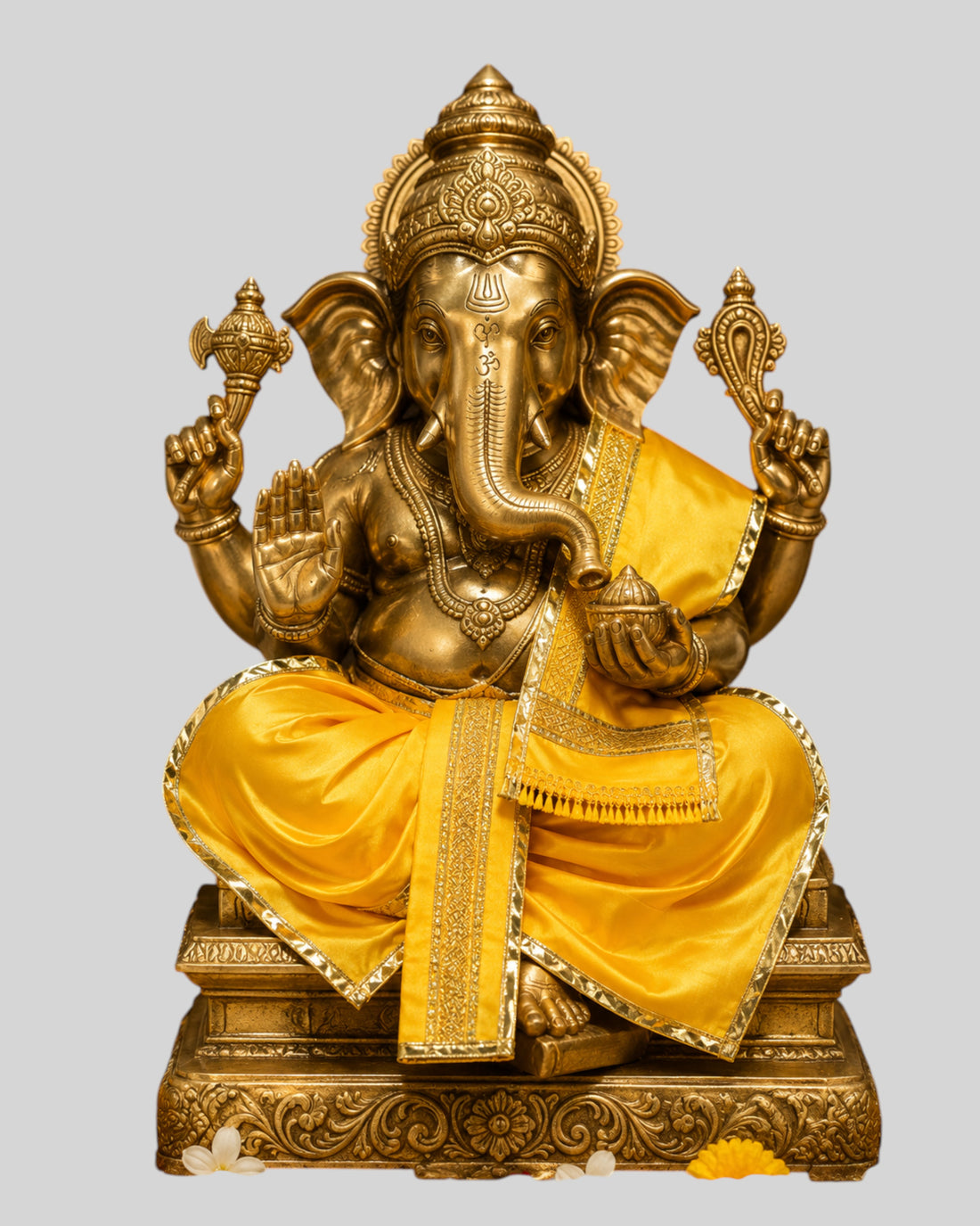 Ganesh Ji & Standing Krishna Idol Panchakacham Dhoti Towel Dress Set Yellow