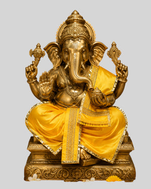 Ganesh Ji & Standing Krishna Idol Panchakacham Dhoti Towel Dress Set Yellow
