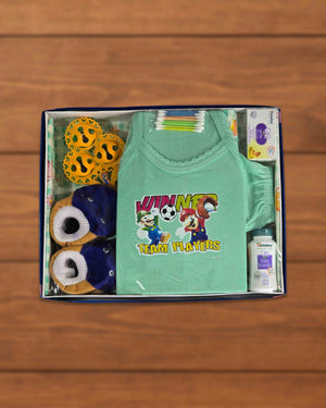 Newborn Gift Set - 6 Pcs Baby Gift Hamper Set for 0-6 Months, Baby Shoe, Toy, Ear Buds, Shop, Lotion, Skin-Friendly Baby Clothes, Chemical-Free Dyes