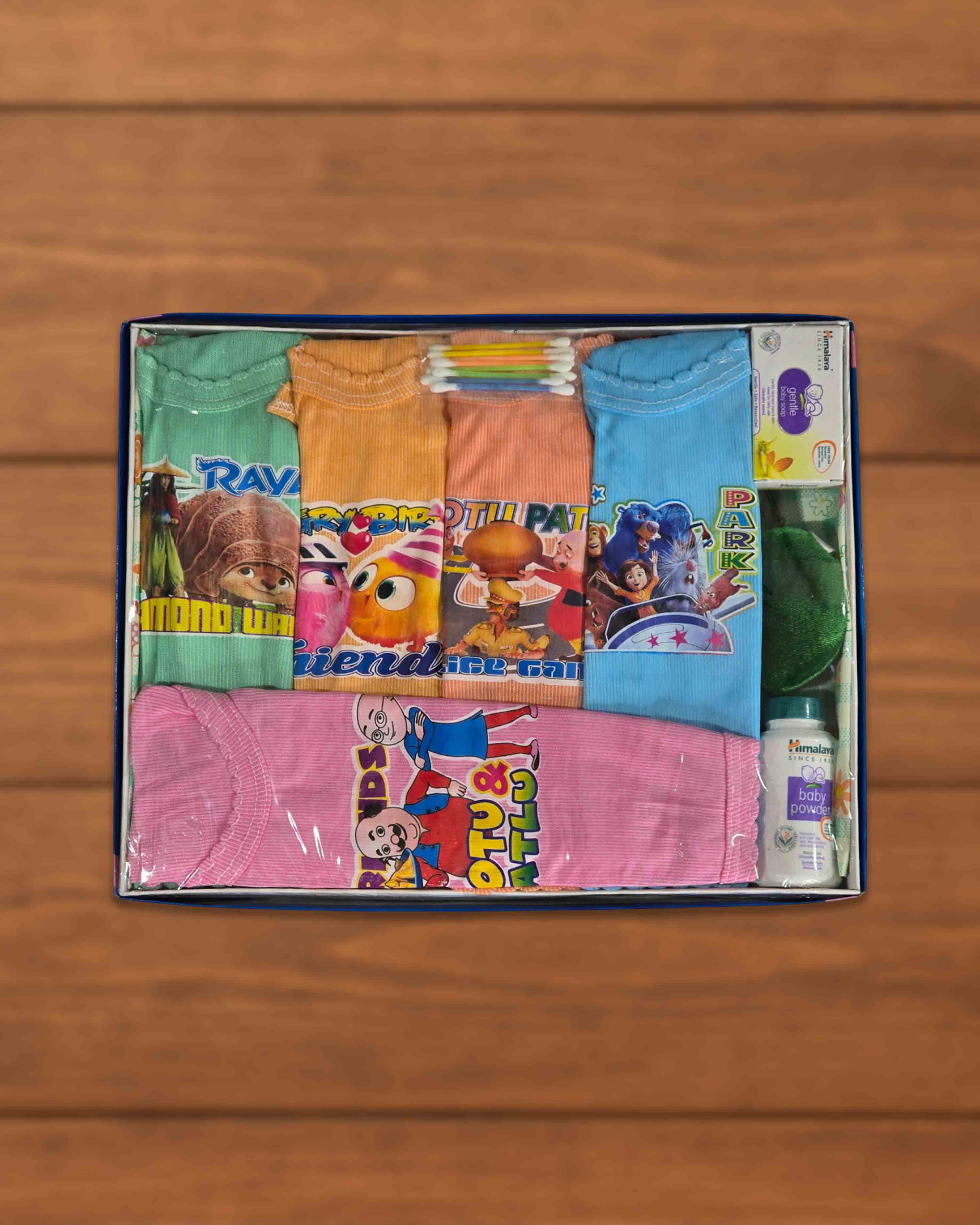 9 pcs New Born Clothing & Baby Care Gift Set for Baby Boy & Girl | Include - Dresses, Buds, Powder, Soap, Powder Puff | Premium Gift Set (Assorted - Color)