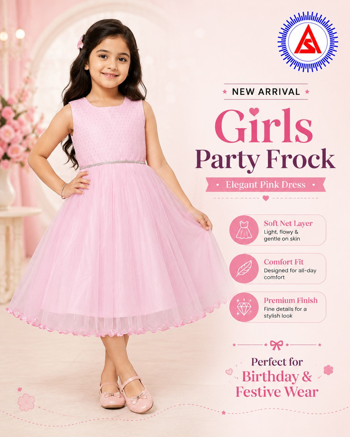 Girls baby pink sleeved long frock for school annual day