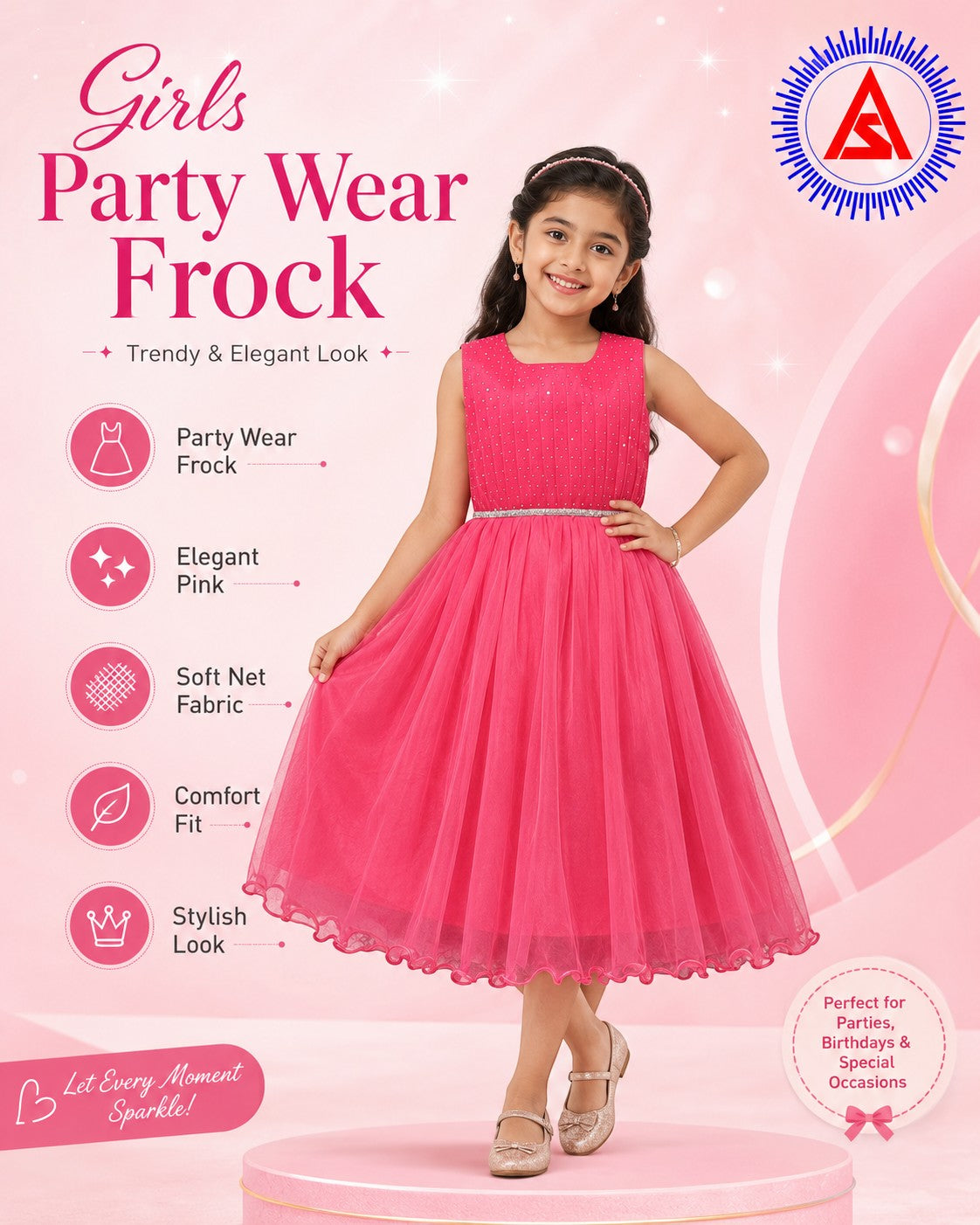 Girls coral pink sleeved plain frock for school annual function