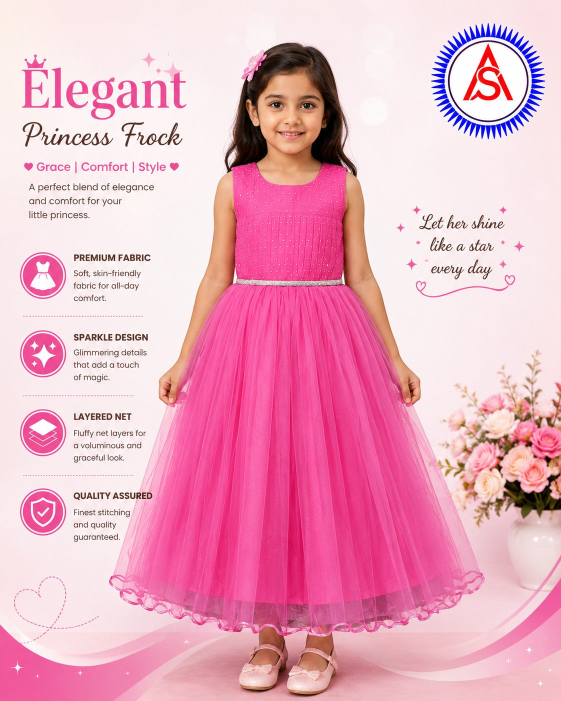Girls coral pink sleeved plain frock for school annual function