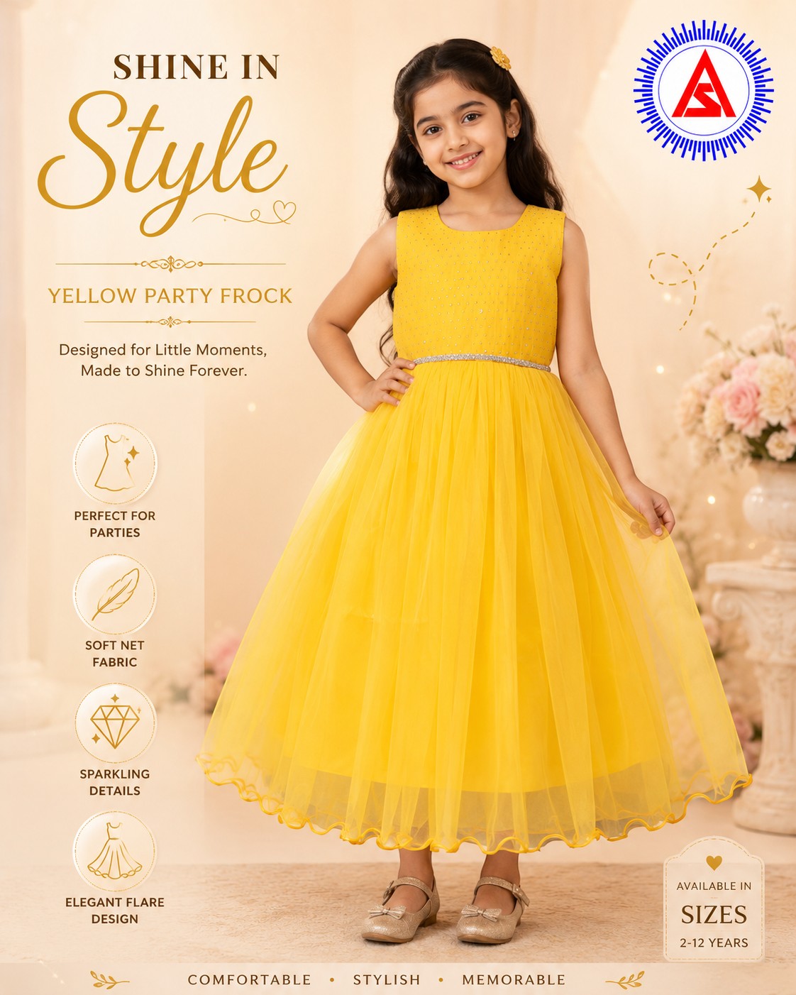 Girls golden yellow full-sleeve frock for school dance programme