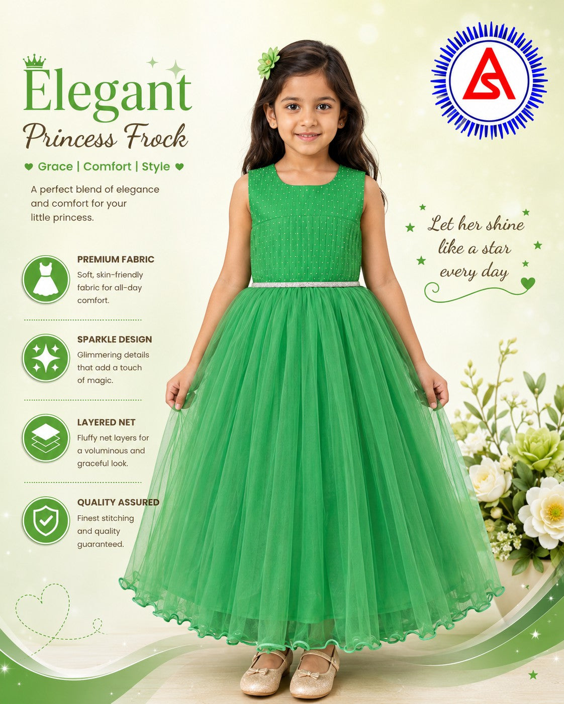 Girls green full-sleeve long frock for school group dance