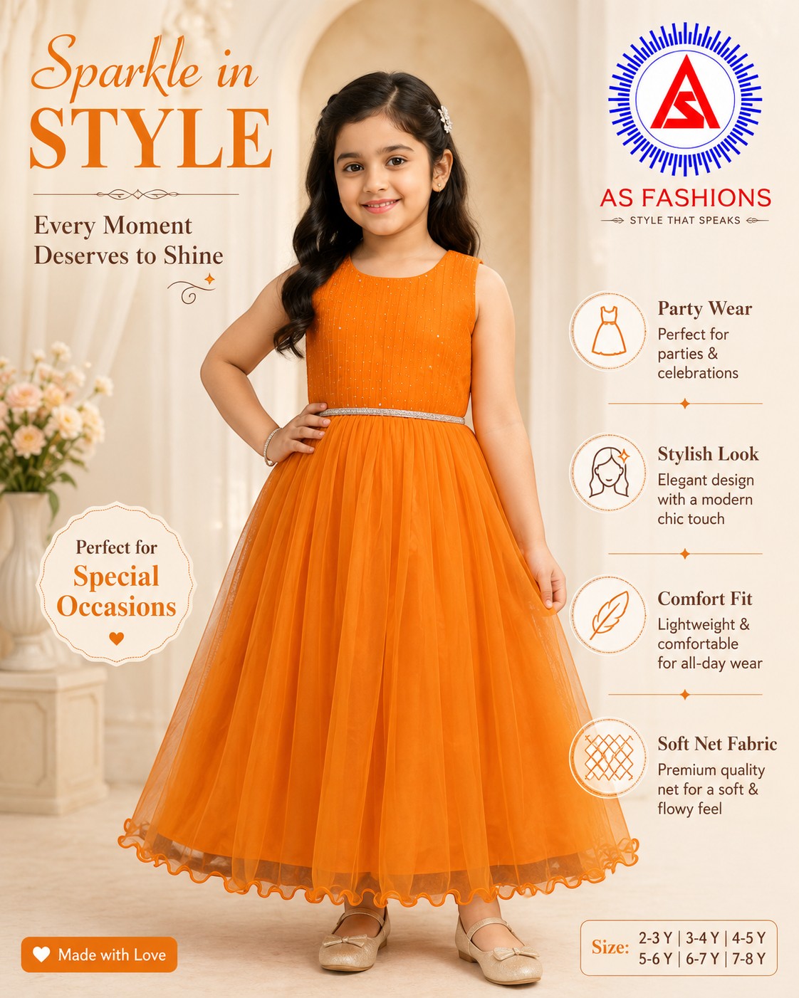 Girls orange full-sleeve maxi frock for stage dance performance