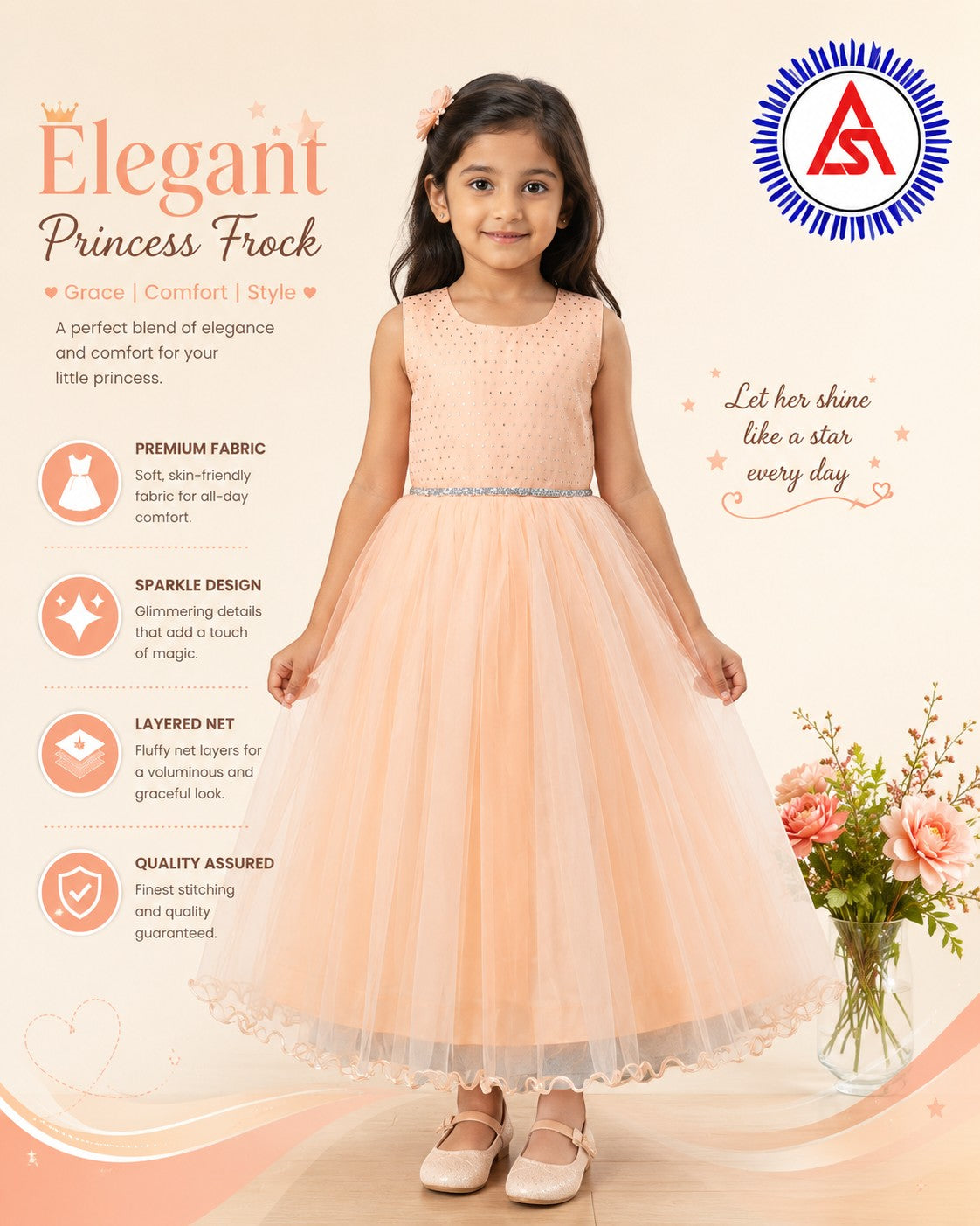 Girls peach full-sleeve long frock for school annual day